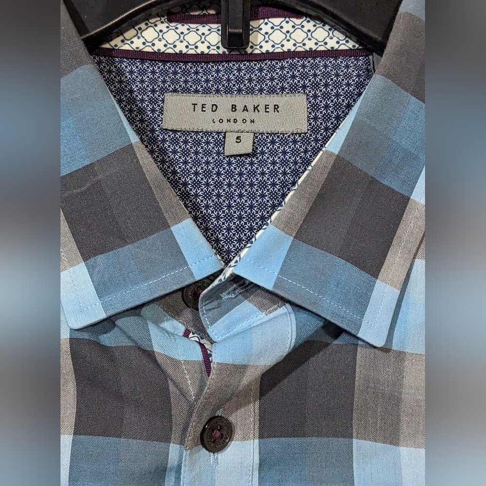 ☘️Ted Baker Weybiza Slim Blue Plaid Roll Sleeve Button Down Shirt Size 5 Large - Picture 5 of 8